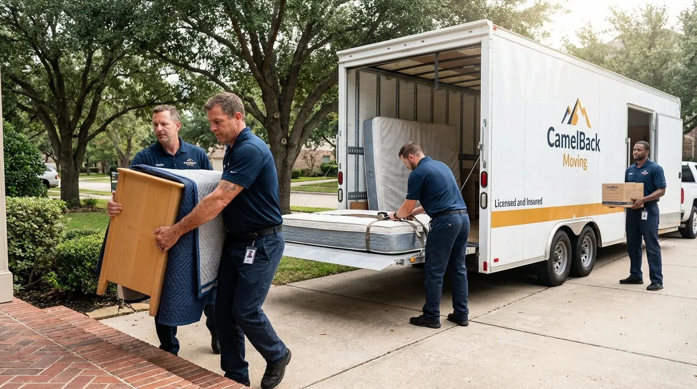Crew loading residential truck for cross-state move from Wayne, ME