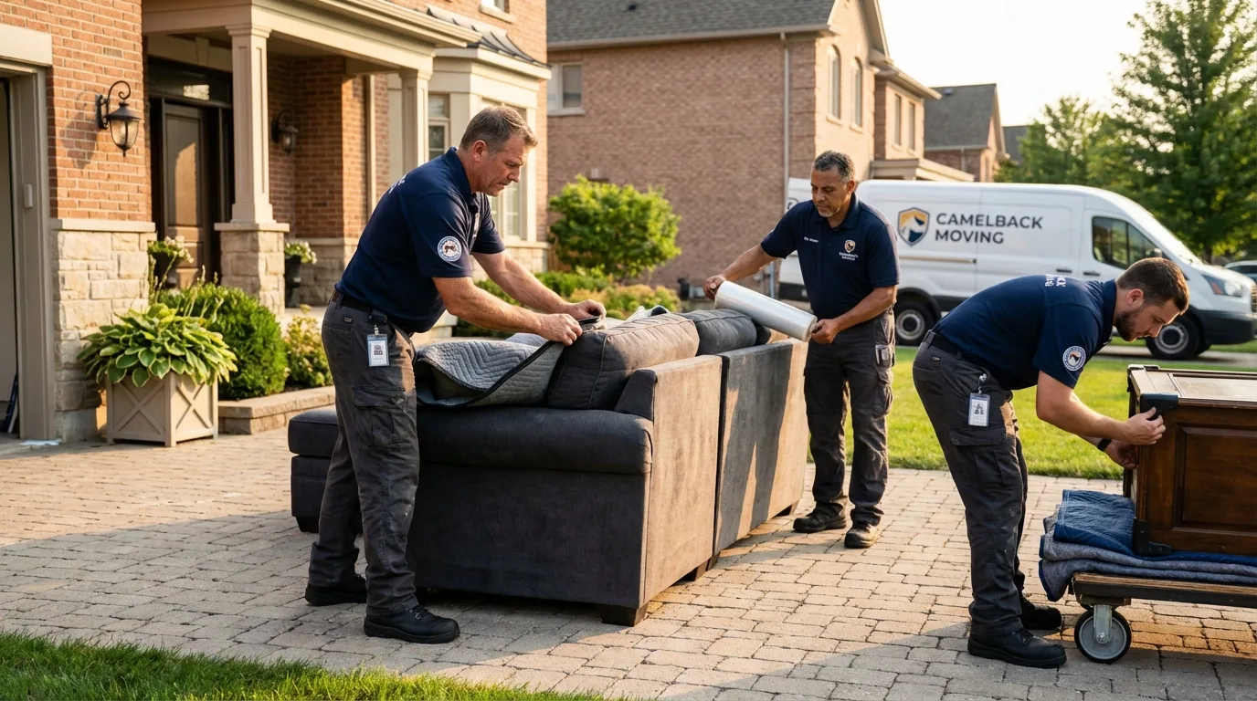 Large estate moving crew wrapping furniture in Wayne, ME