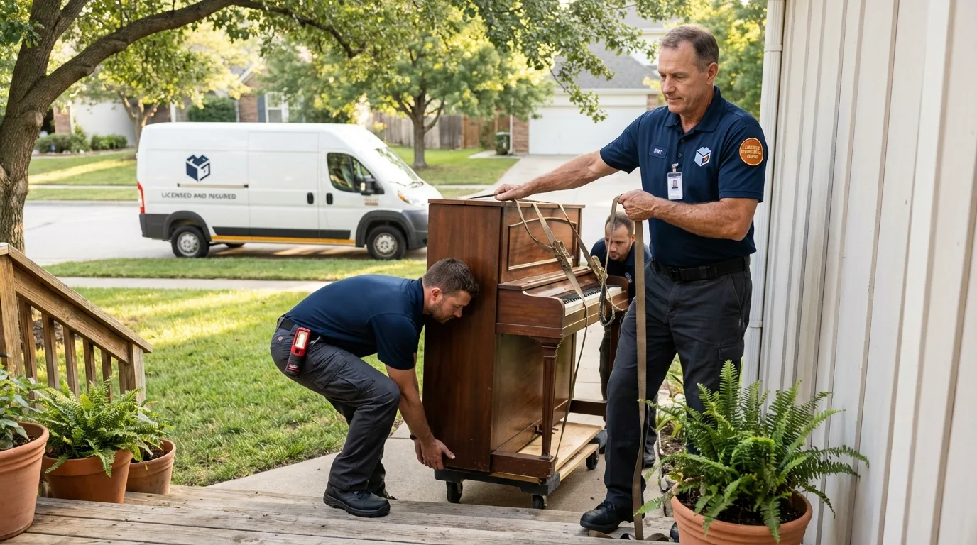 Licensed piano movers securing grand piano in Wayne, ME