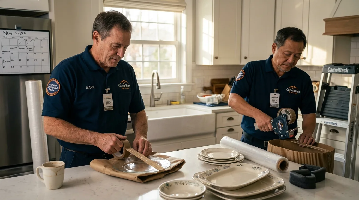 Professional crew packing kitchen dishware in Wayne, ME